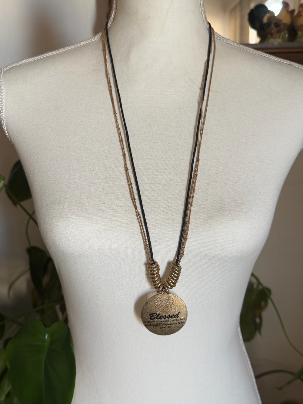 Vintage Gold & Black Layered 'Blessed' Pendant Necklace